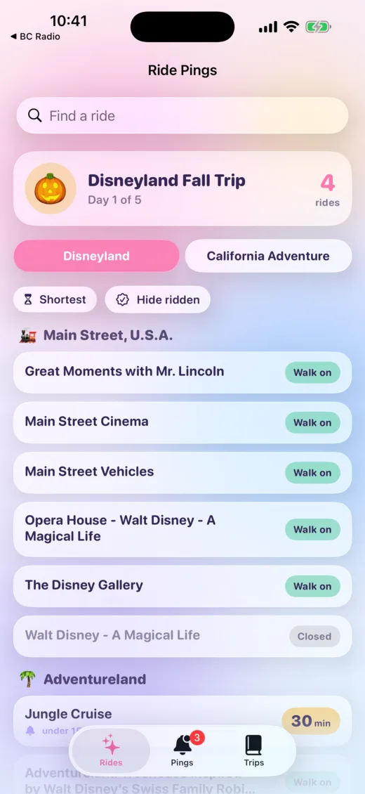 Ride Pings showing live waits by land